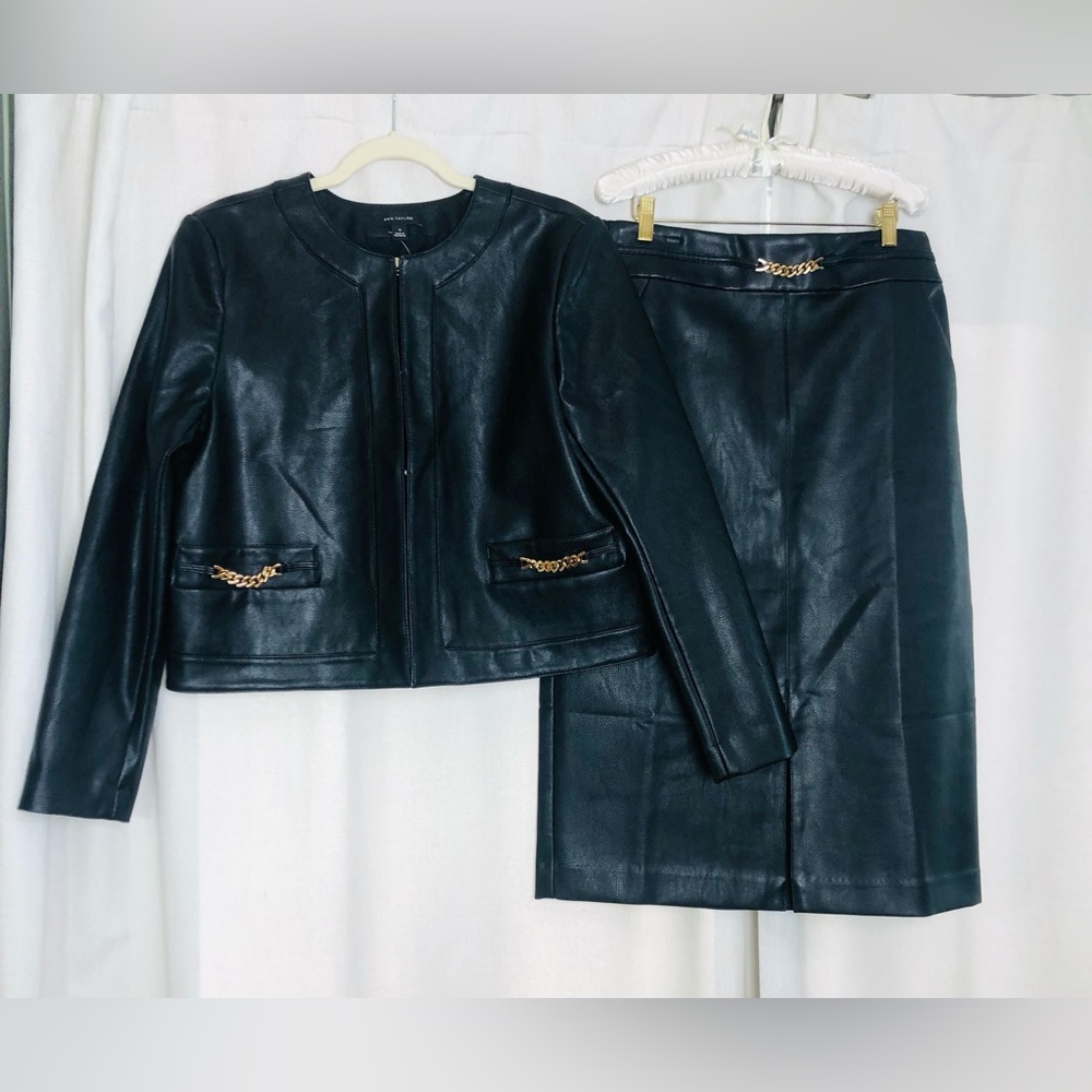 Ann Taylor Faux Leather Jacket 12 & Skirt 8 Set Suit Black Gold Chain Trim New